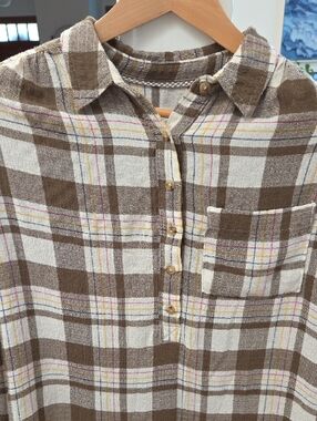 Anthropologie Women's Brown Plaid Half-Placket Button-Down On Both Sides Top (S)